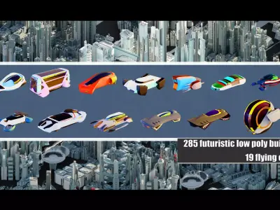 320 Futuristic LowPoly Buildings plus 20 Flying Cars 3D Model Pack