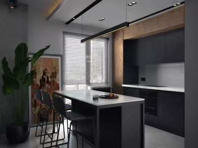 Black and wood modern kitchen   Vray settings  3D model