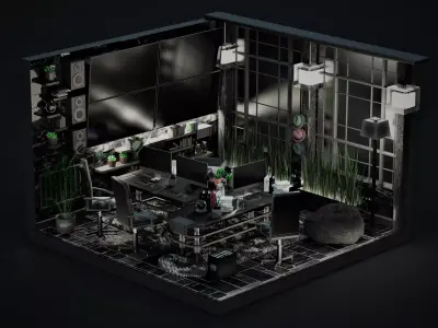 Office Low Poly room with furniture and plants Free 3D model