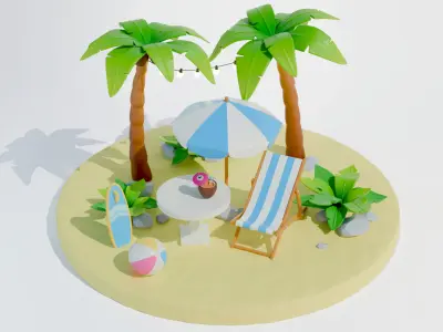 Stylized beach umbrella and sun lounger set 3D model