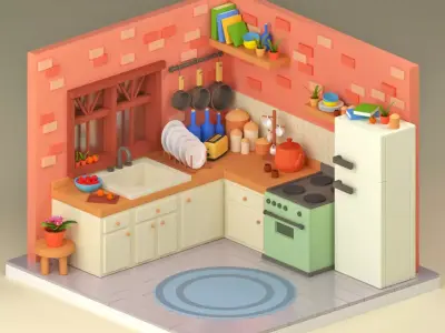 Low Poly Kitchen Room Stylized Isometric Interior 3D Model 3D model