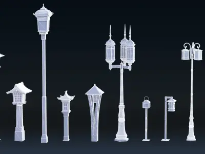 Asian Street Lights Set Low-poly 3D model