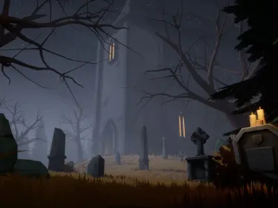 Stylized Graveyard with Church Low-poly 3D model