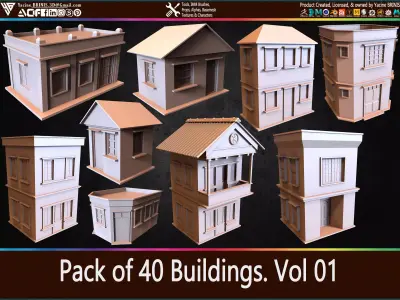 Pack of 40 Buildings Volume 01 Low-poly 3D model