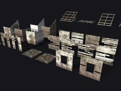 Wooden Building Modular Kit Low-poly 3D model