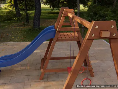 Wooden outdoor swing set with slide 3D model