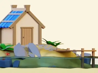 A house on the beach with a pier 3D model