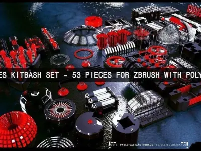 Greebles Kitbash Set - 53 Pieces for zBrush with Polygroups Low-poly 3D model