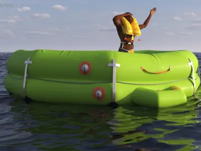  Man in Life Vest on Inflatable Raft 