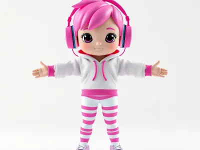 PinkHaired Anime Character Rigged and Animated with Headphones Low-poly 3D model
