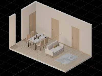 Isometric Dining Living Room With Wood Floor 3D model