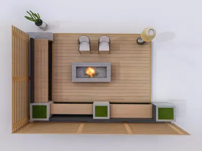 Modern Outdoor Deck with Fire Pit and Lounge Low-poly 3D model