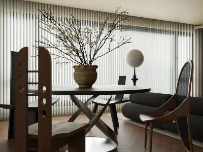 Living Room and Kitchen with Dinning Set Low-poly-129 Low-poly 3D model