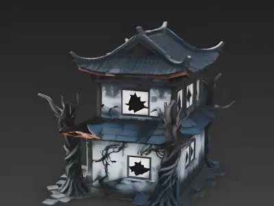 Stylized Spooky Ruined Chinese House 3D Model Low-poly 3D model
