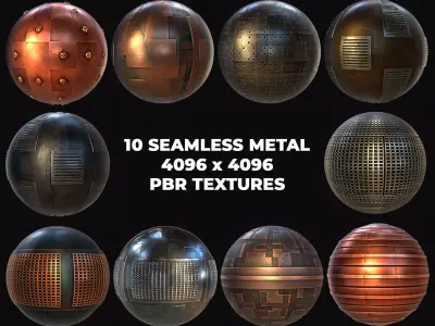 10 Seamless Metal Panels and Grids PBR Materials - Set 1 Texture