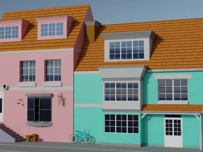 Street View of cartoon house  Low-poly 3D model