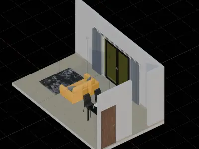 Isometric Living Dining Room With Black Furniture  3D model