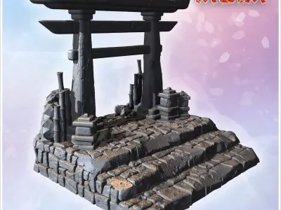 Small torii gate on stone steps with surrounding decorative bamb 3D print model