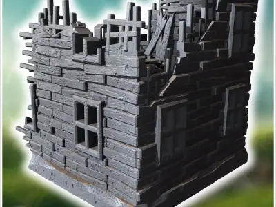 Collapsed wooden building with exposed structure broken floors a 3D print model