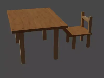 Wood table and chair Low-poly 3D model