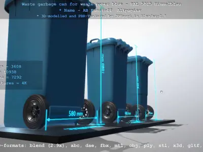 Waste garbage can for waste paper blue - RAL 5015 Himmelblau Low-poly 3D model