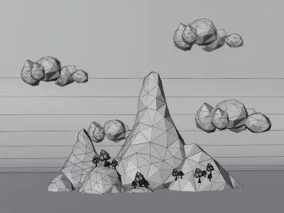 Stylized Low-Poly Mountain Terrain with Trees and Clouds Low-poly 3D model