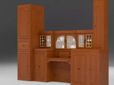 Low Poly Wooden Storage Cabinet with Glass Doors and Desk Low-poly 3D model