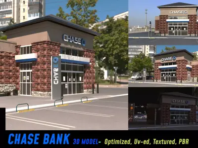 Chase Bank and parking lot - Realistic and PBR Low-poly 3D model