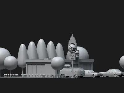 LowPoly Scene Cafe Restaurant Station Low-poly 3D model