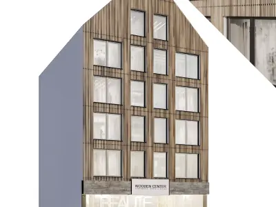 Modern residential facade 03 at night with simple interiors 3D model