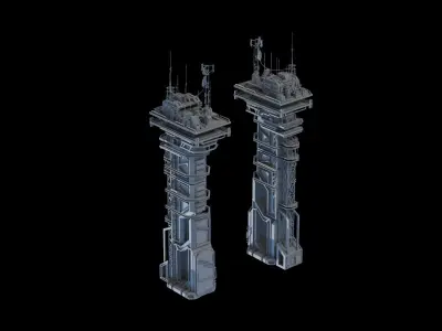 Scifi buildings radiotower skyscraper Low-poly 3D model