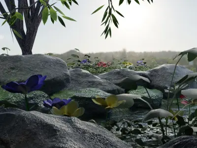 Scene garden with plants and rocks 3D model