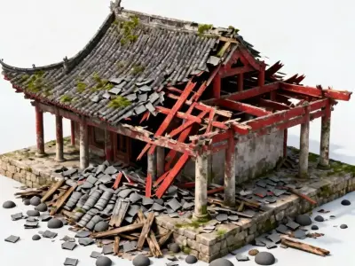 Ruined Traditional Chinese Temple Hall 3D Model Low-poly 3D model