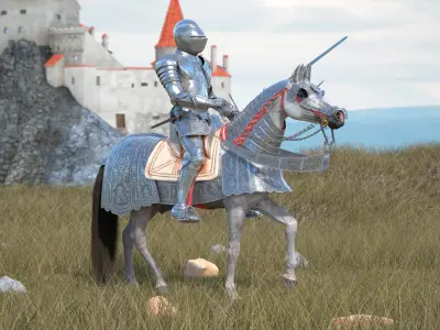  Horse in Medieval Armor with Knight Rider Fur 