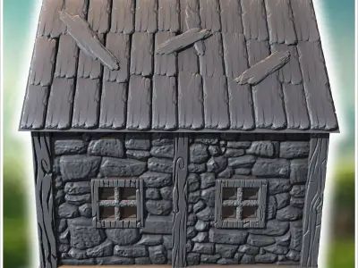 Small medieval stone cottage with wooden door circular window an 3D print model purchase