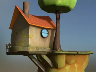 Floating Stylized Toon House Low-poly 3D model