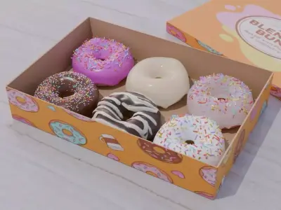 Photorealistic Donut Box Set - 6 Pack - PBR High-Detail 3D model