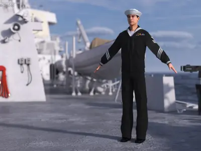  Asian Sailor US Navy in Black Uniform A-Pose 