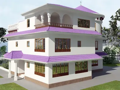 Modern Villa Exterior with purple roof bricks Low-poly 3D model