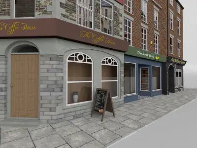 Uk town buildings with telephone and post box Low-poly 3D model