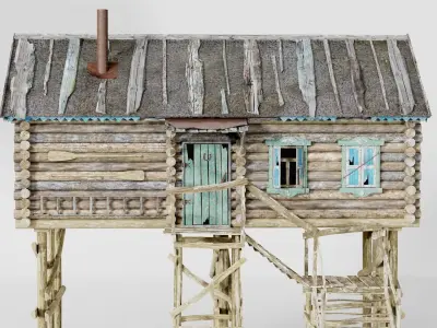Old wooden damaged village house B da1 Low-poly 3D model