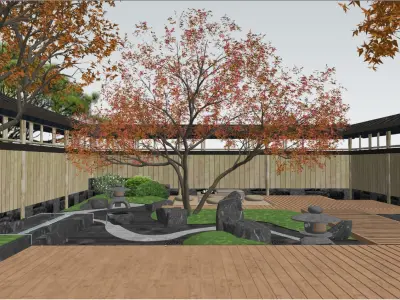 Japanese Zen - style Courtyard Landscape Design 3D model