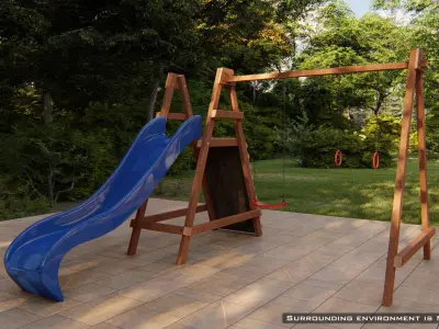 Wooden outdoor swing set with slide 3D model