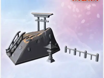 Traditional Japanese shrine with torii gate and stone lantern on 3D print model