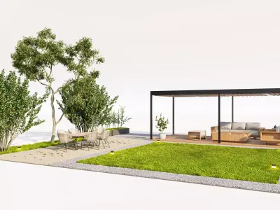 Modern Courtyard Design with Pergola and Zen Garden Low-poly 3D model