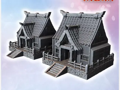 Traditional Japanese houses with wooden railings steep tiled roo 3D print model