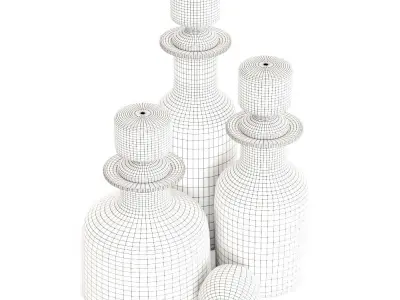 Three decorative glass bottles and red apple 3D model