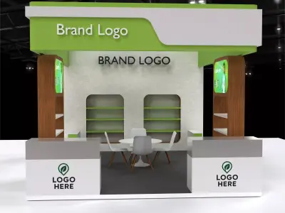 Modern Green-Themed Display Booth with Wood Accents and Lighting 3D model