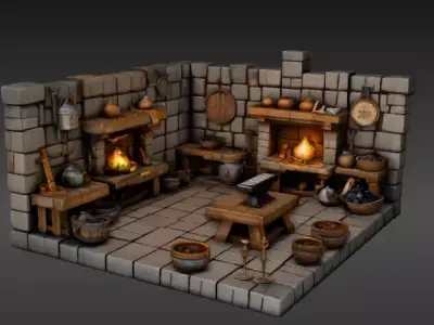 Stylized Blacksmith Forge 3D Model Scene Low Poly Medieval  Low-poly 3D model