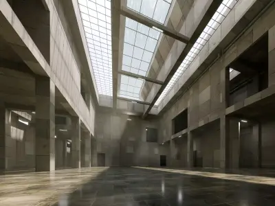 Brutalist Glass Roof Atrium - Architectural Background- V3U6 Low-poly 3D model